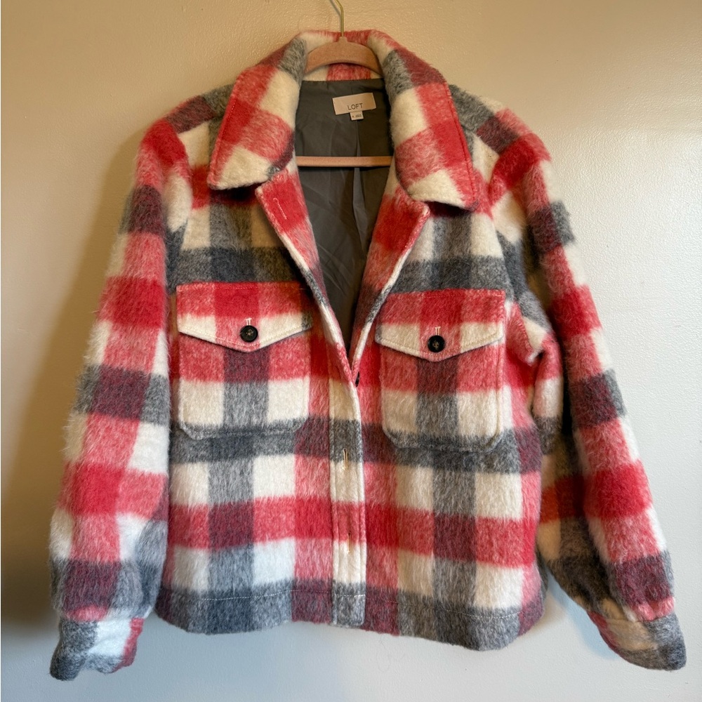 LOFT Pink and Gray Plaid Teddy Jacket